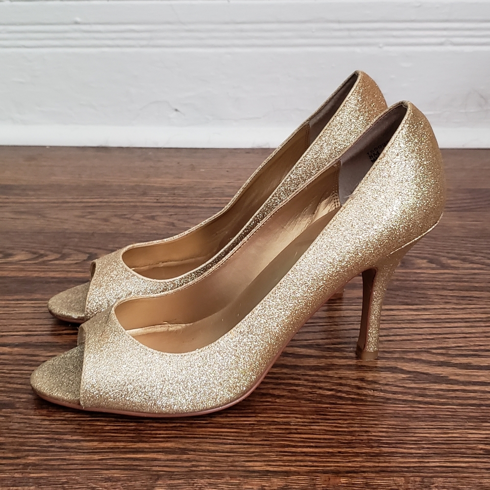 Michael Shannon glittery gold peep toe heels